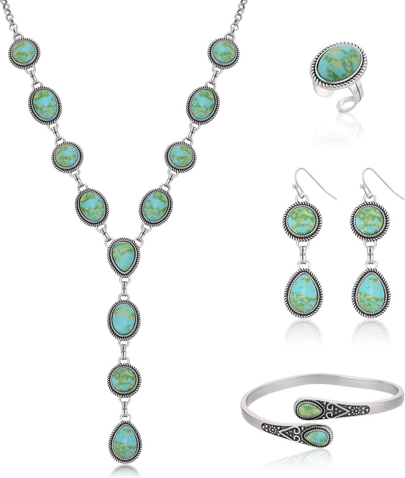 JMScape 4 PCS Western Turquoise Jewelry for Women Boho Vintage Navajo Pearl Necklace Earring Bracelet Ring Set Country Cowgirl Accessories for Gift - Image 1